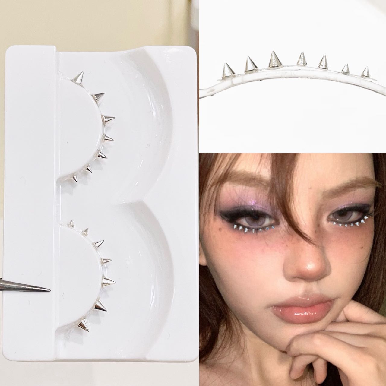 Eyelash Extension Natural - Doudoutian シルバーリベットフルストリップ下まつげホワイトゴールドトーンクリア薄いバンドパンク Y2K スタイル光沢のあるスパイクパーティーアイメイク