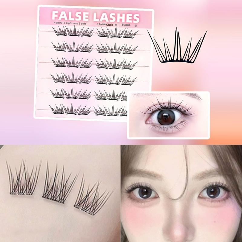Eyelash Extension Natural - 6列の密なナチュラルつけまつげ、接着剤不要、セグメント式まつげエクステ、目元リフト効果、女性用カールまつげクラスター